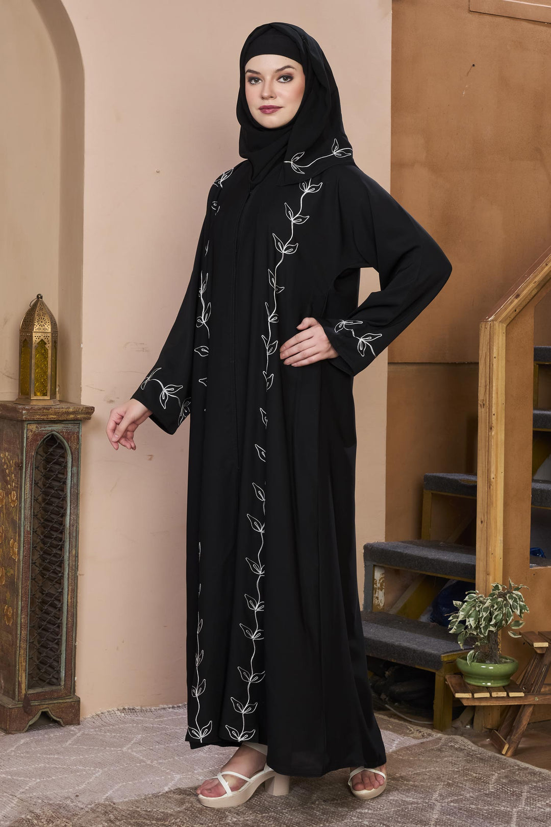 Black Embroidered Vine Abaya