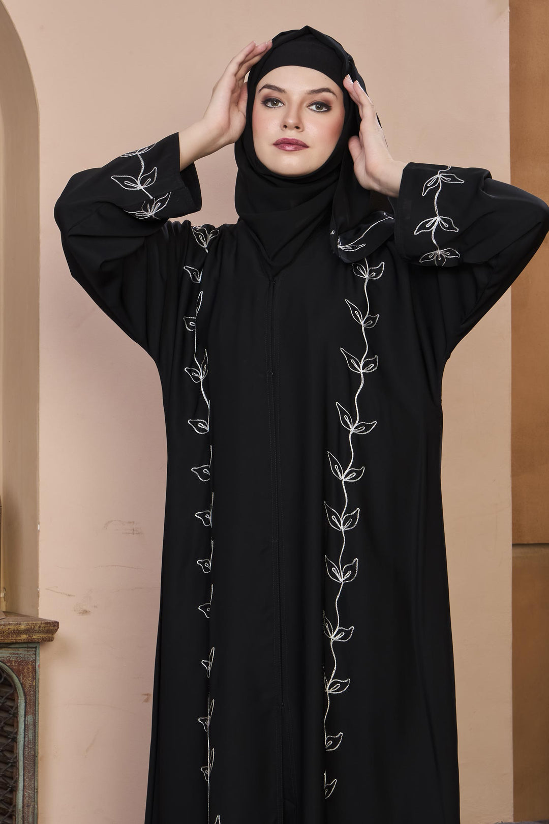 Black Embroidered Vine Abaya