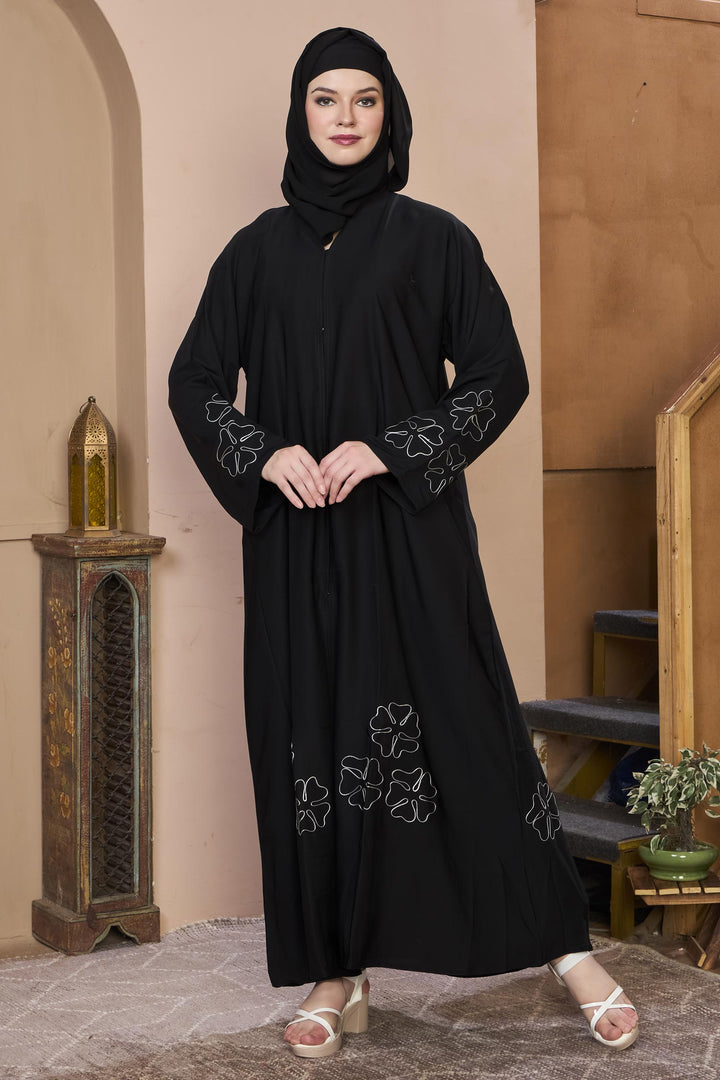 Black Floral Outline Abaya