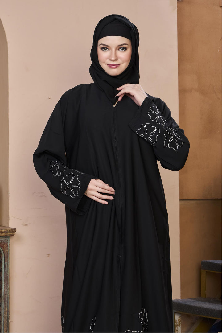 Black Floral Outline Abaya