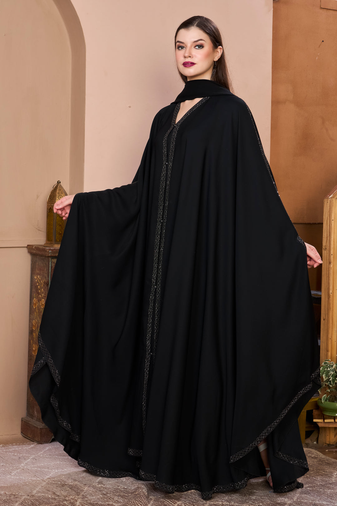 Luxury Bridal Black Abaya with Flowing Silhouette & Crystal Detailing