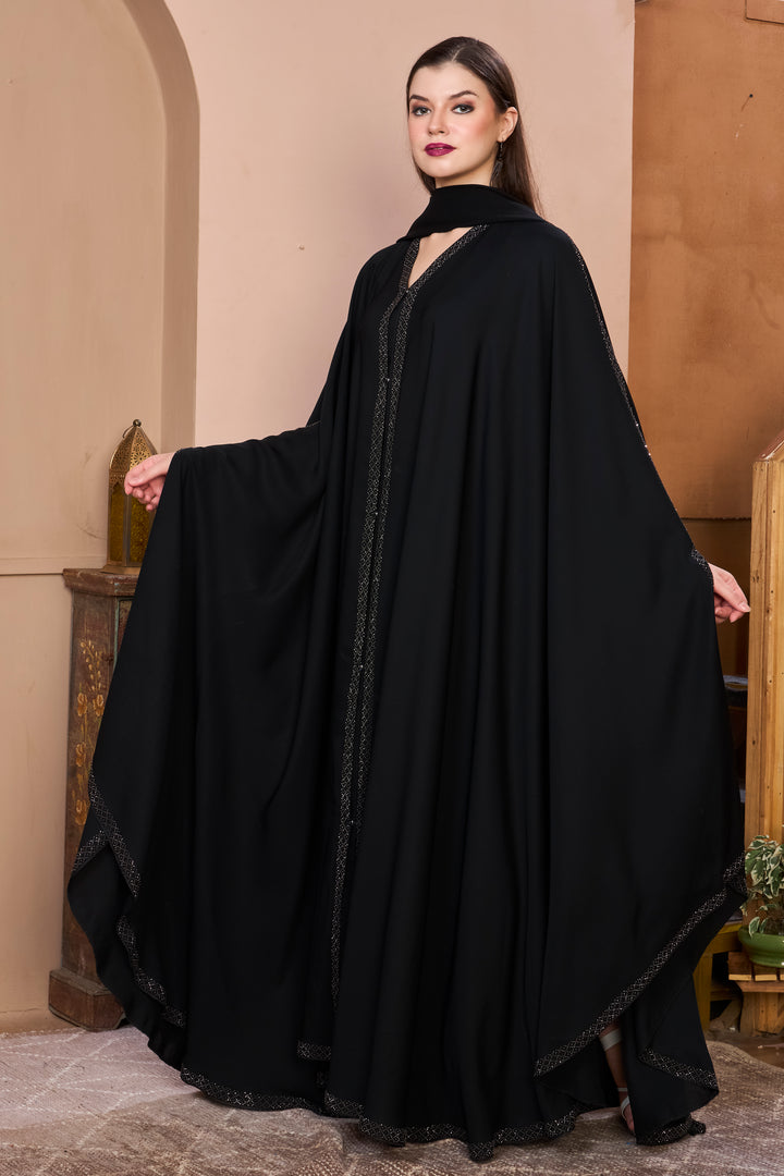 Luxury Bridal Black Abaya with Flowing Silhouette & Crystal Detailing