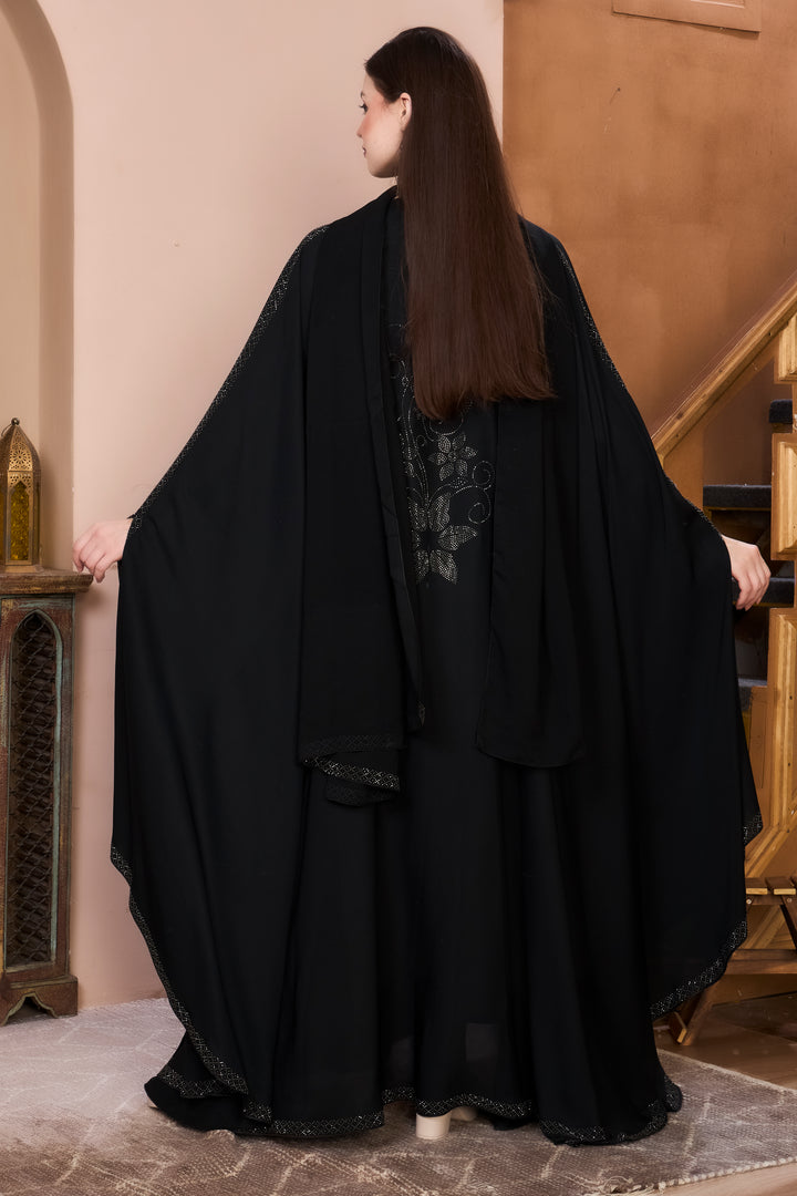 Luxury Bridal Black Abaya with Flowing Silhouette & Crystal Detailing