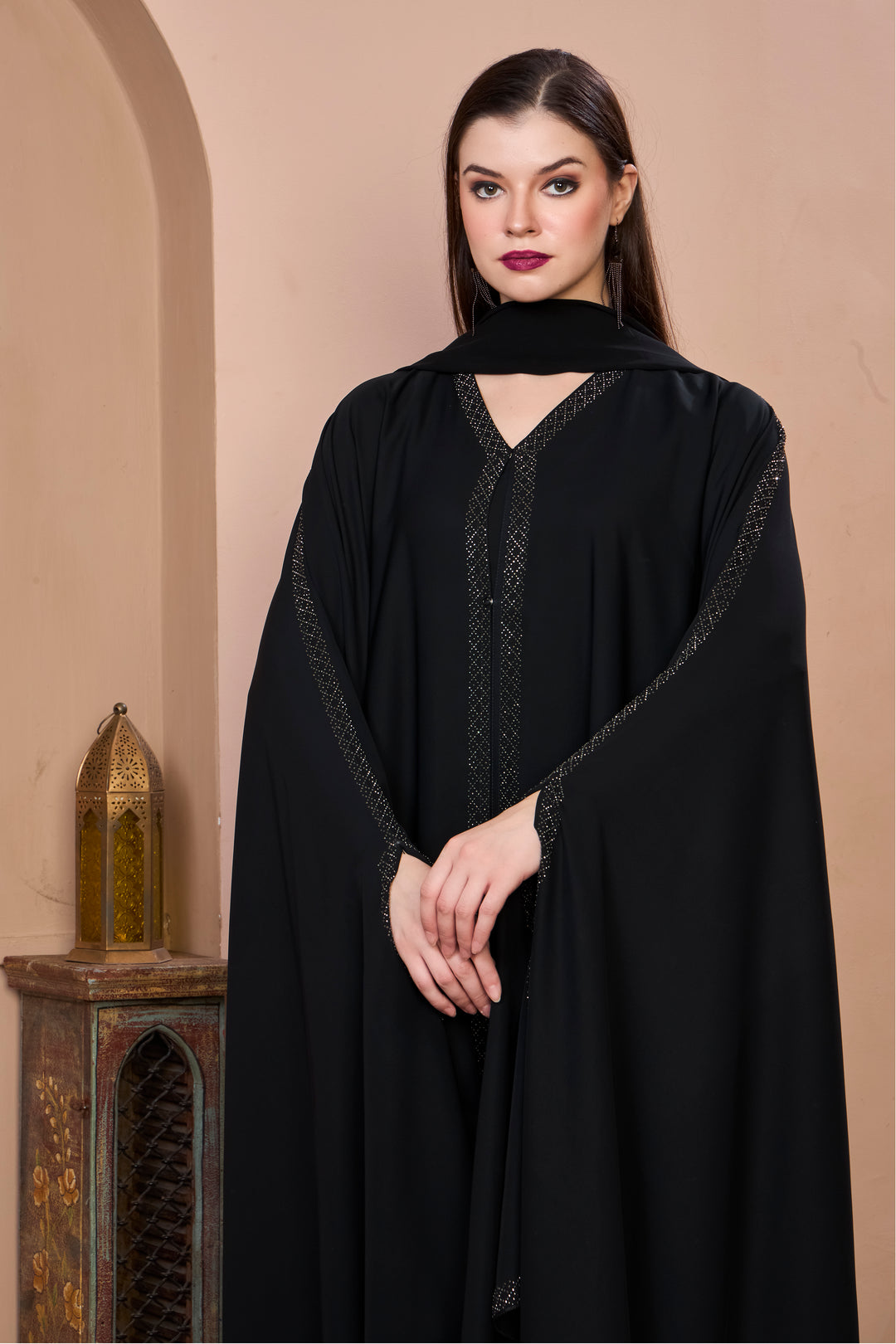 Luxury Bridal Black Abaya with Flowing Silhouette & Crystal Detailing