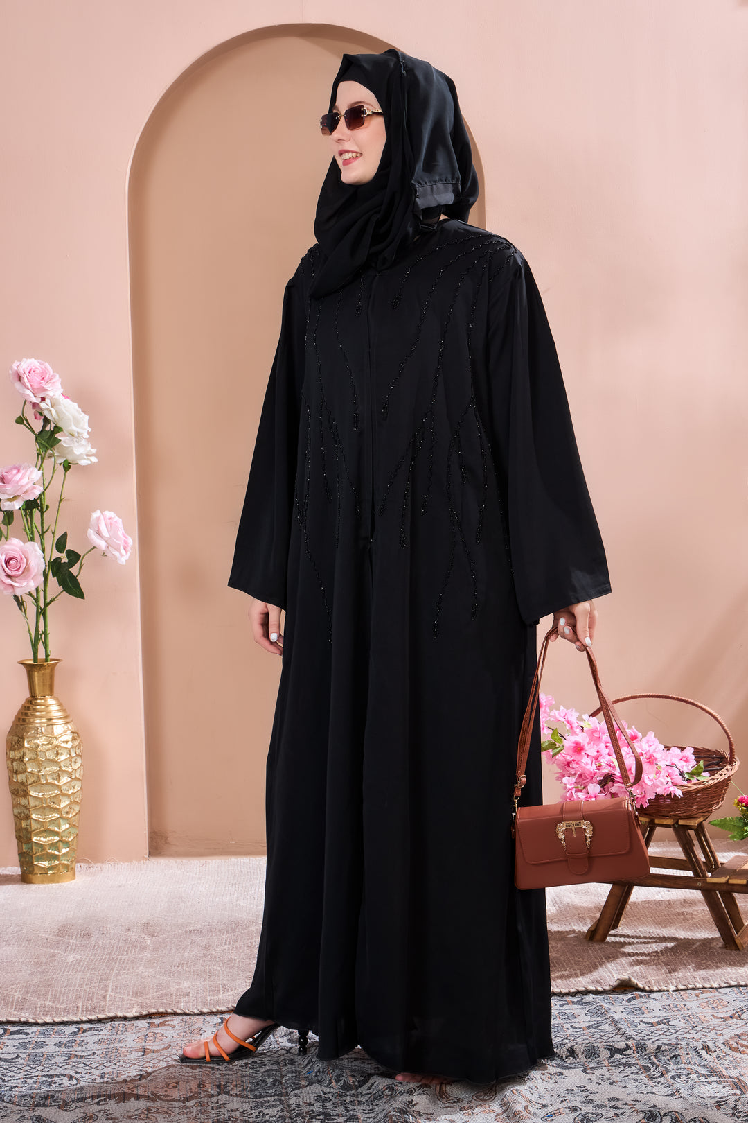 Elegant Black Abaya with Intricate Beadwork
