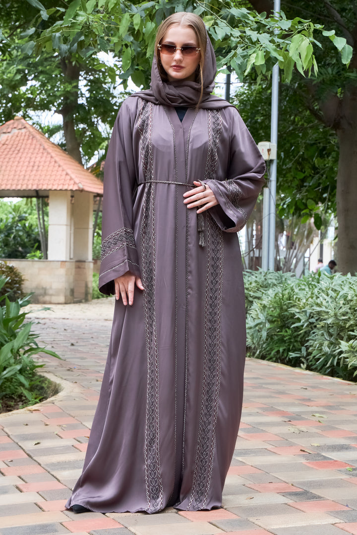 Elegant Mocha Abaya with Detailed Embroidery