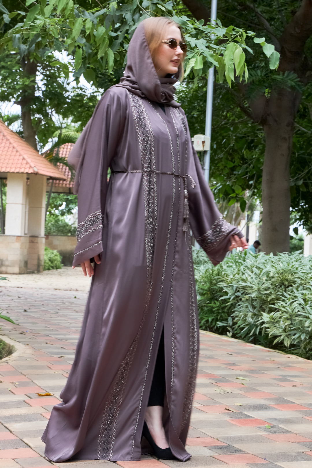 Elegant Mocha Abaya with Detailed Embroidery