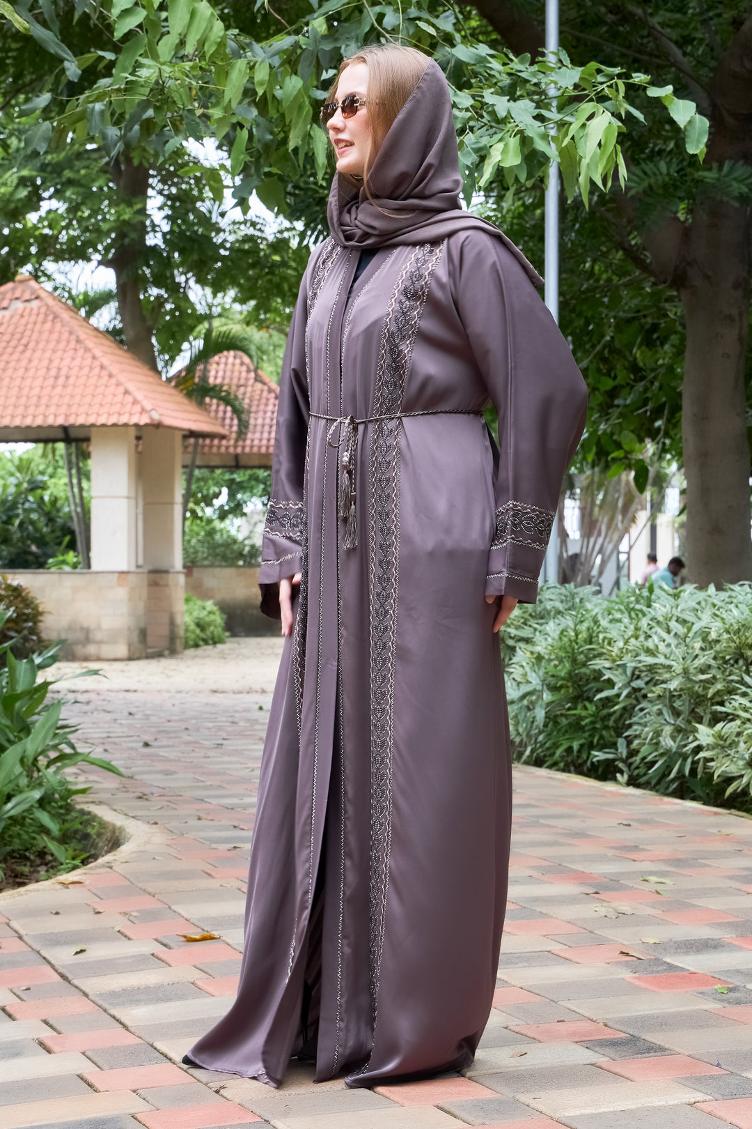 Elegant Mocha Abaya with Detailed Embroidery