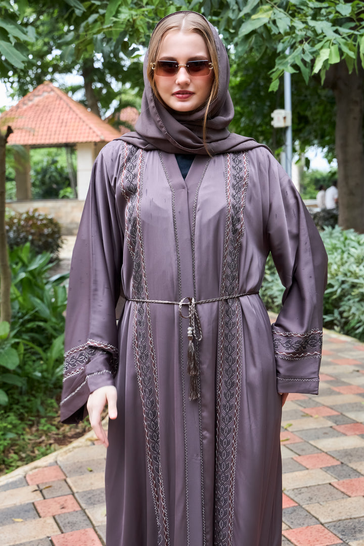 Elegant Mocha Abaya with Detailed Embroidery