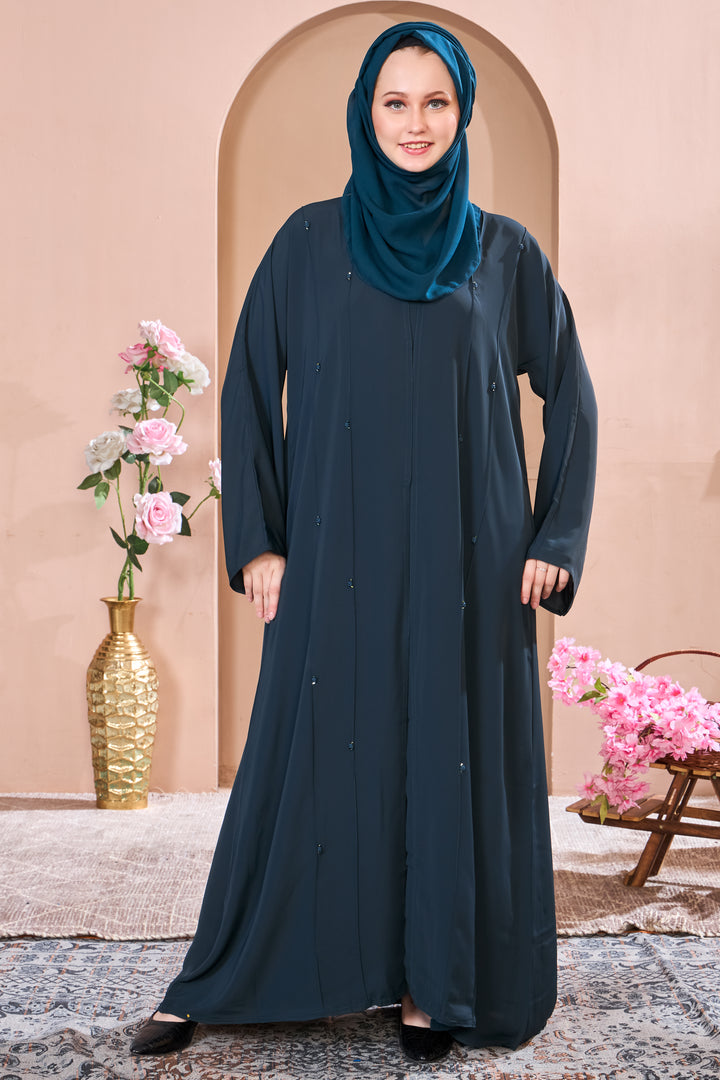 Elegant Teal Abaya with Minimalist Beadwork