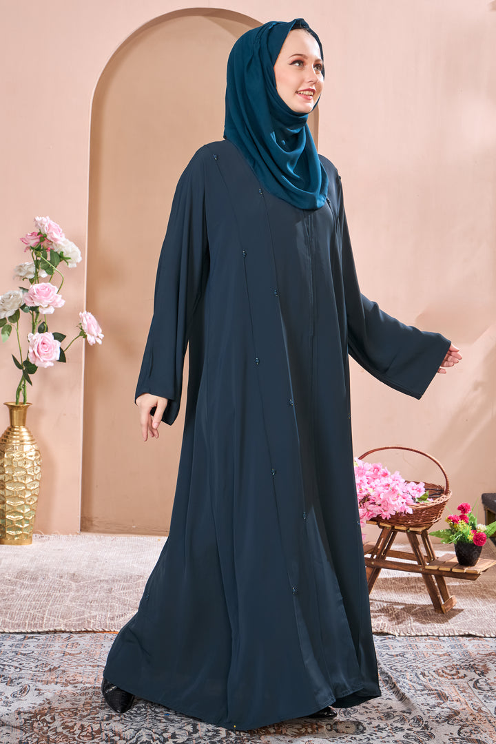 Elegant Teal Abaya with Minimalist Beadwork