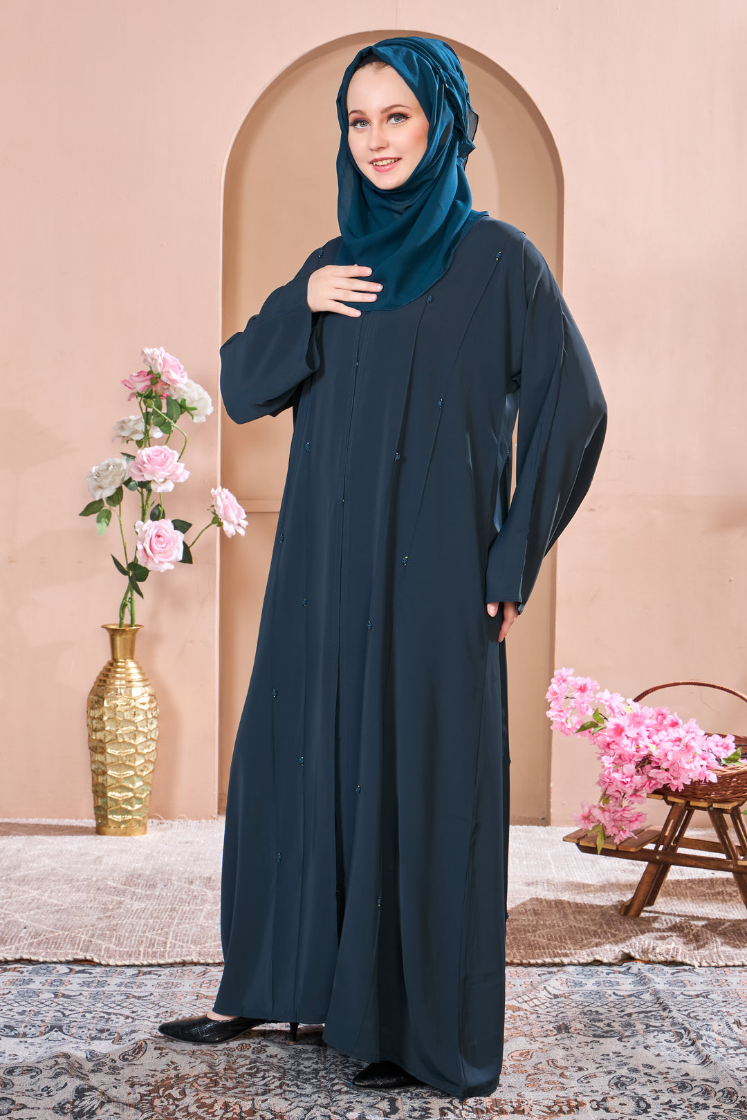 Elegant Teal Abaya with Minimalist Beadwork