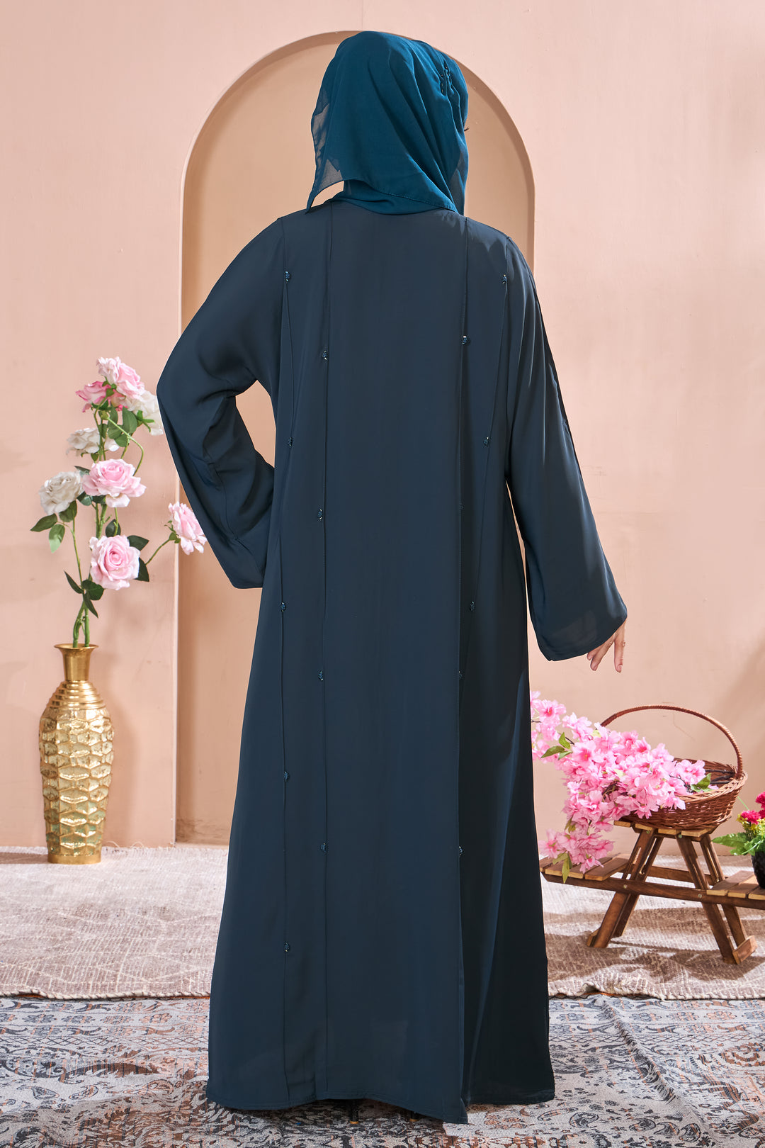 Elegant Teal Abaya with Minimalist Beadwork