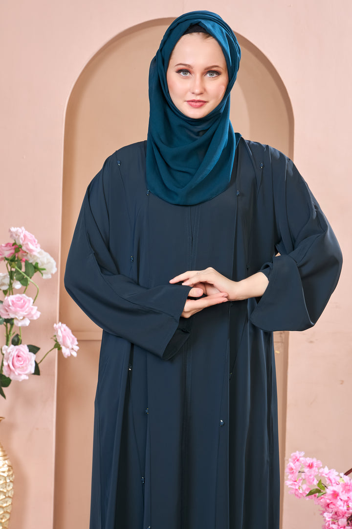 Elegant Teal Abaya with Minimalist Beadwork