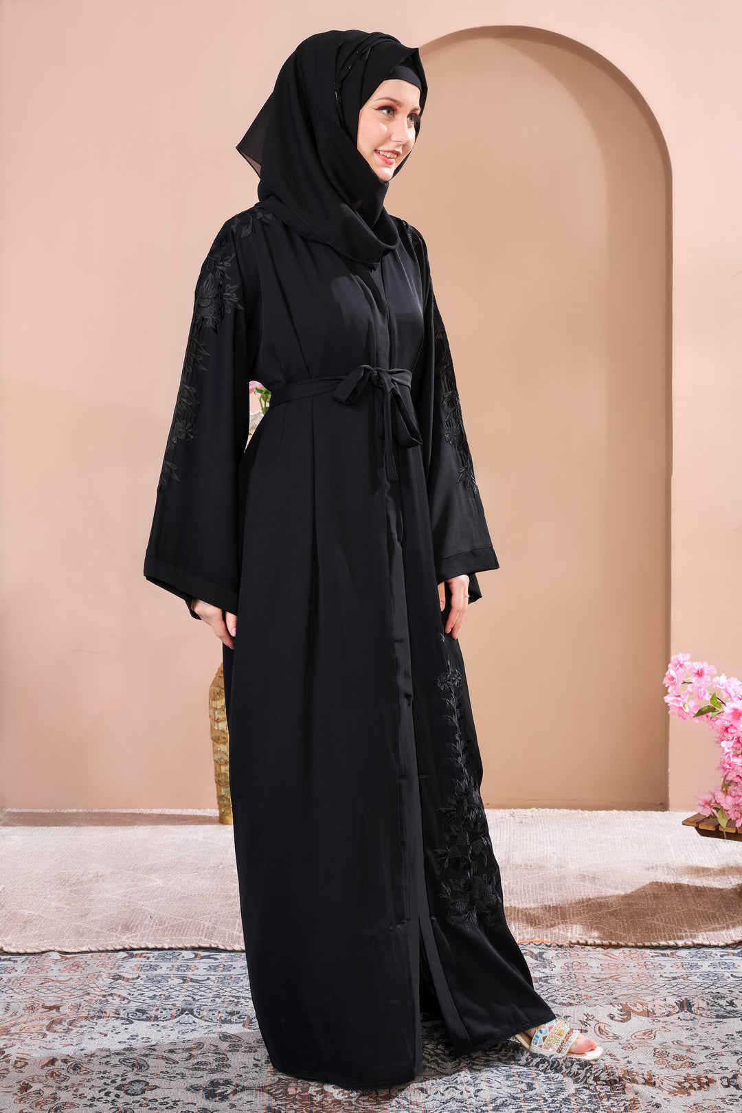 Black Abaya with Floral Embroidery