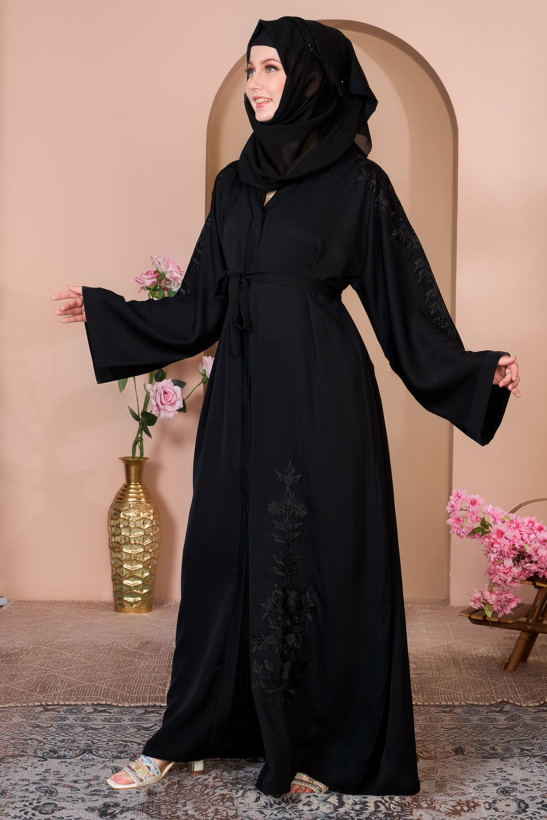 Black Abaya with Floral Embroidery