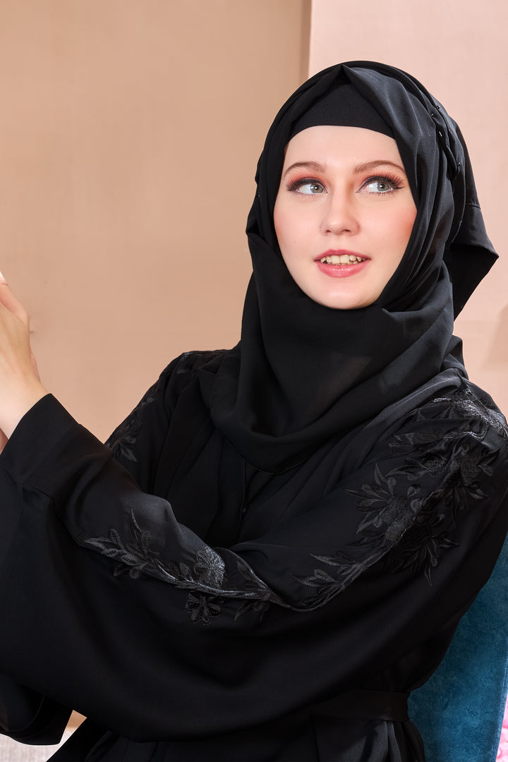 Black Abaya with Floral Embroidery