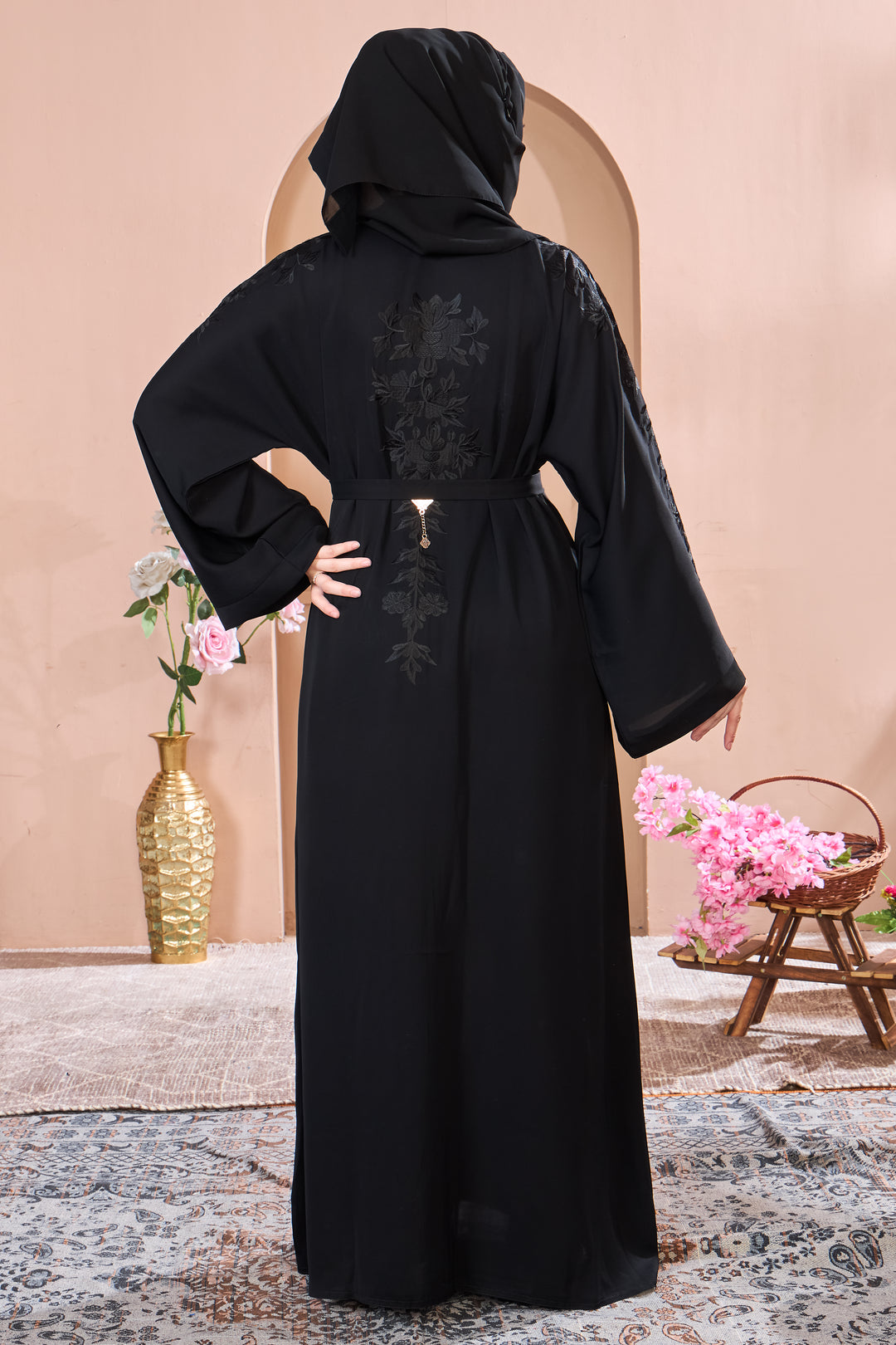 Black Abaya with Floral Embroidery