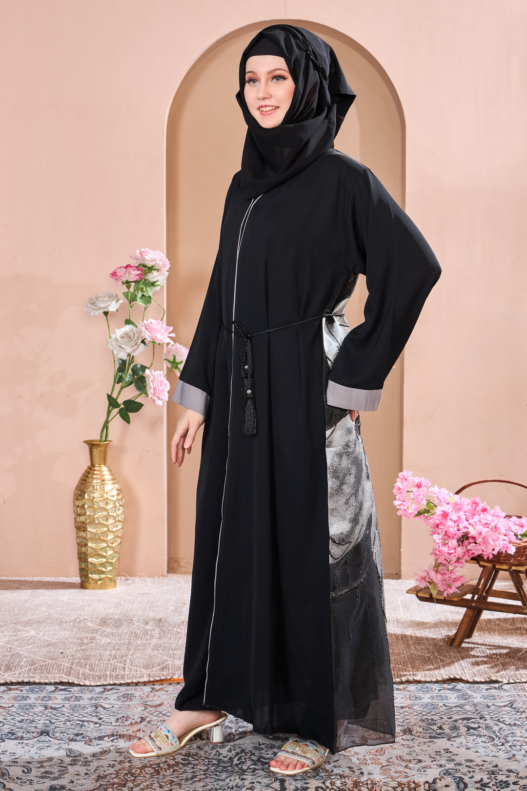 Artistic Black Abaya with Hand-Painted Design