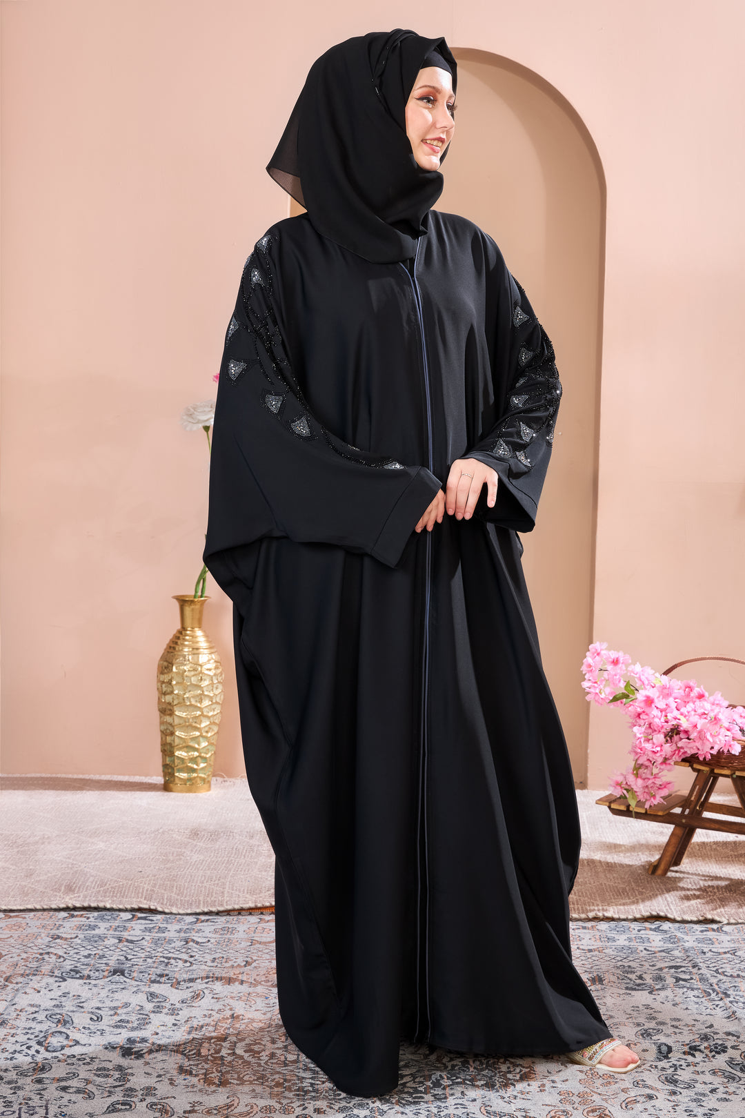 Black Abaya with Ornate Beaded Sleeves