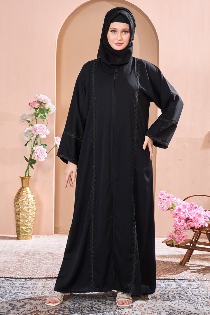 Classic Black Abaya with Delicate Lace Trim