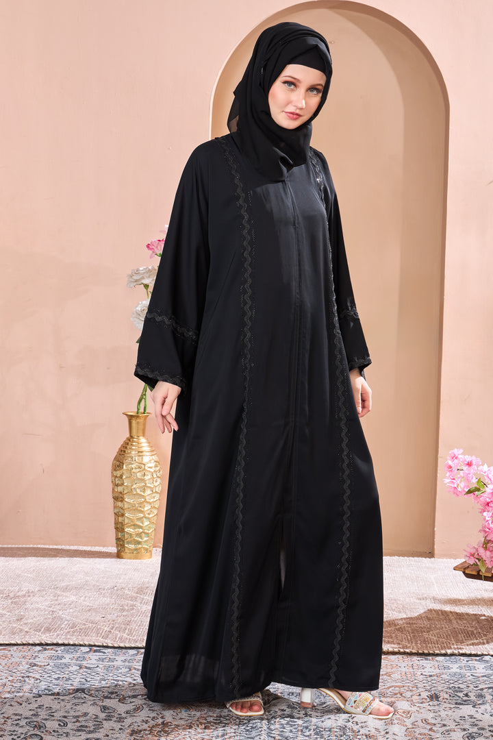 Classic Black Abaya with Delicate Lace Trim