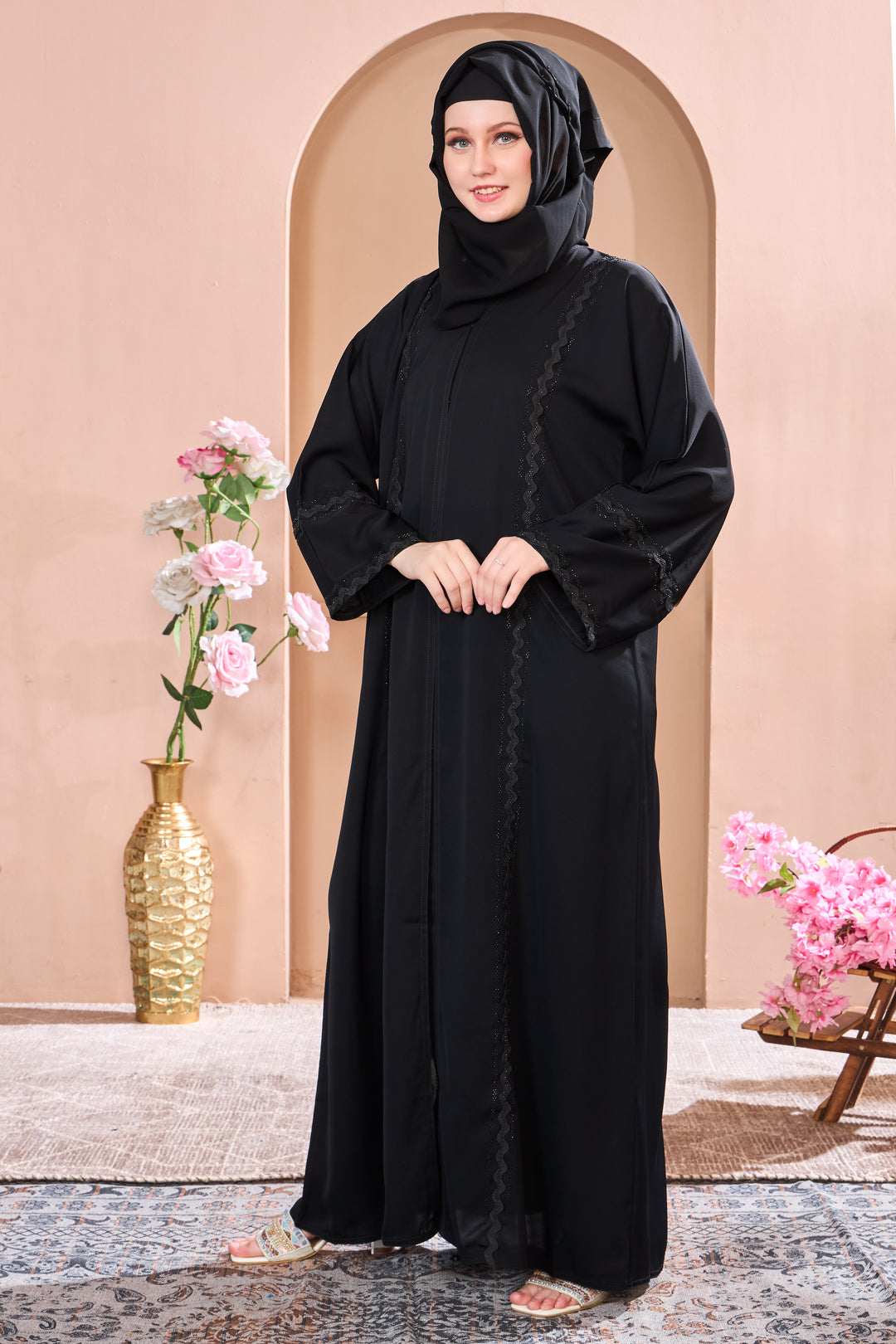Classic Black Abaya with Delicate Lace Trim