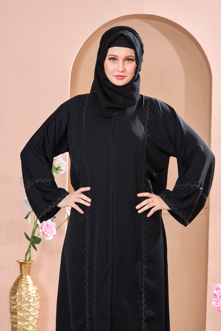 Classic Black Abaya with Delicate Lace Trim