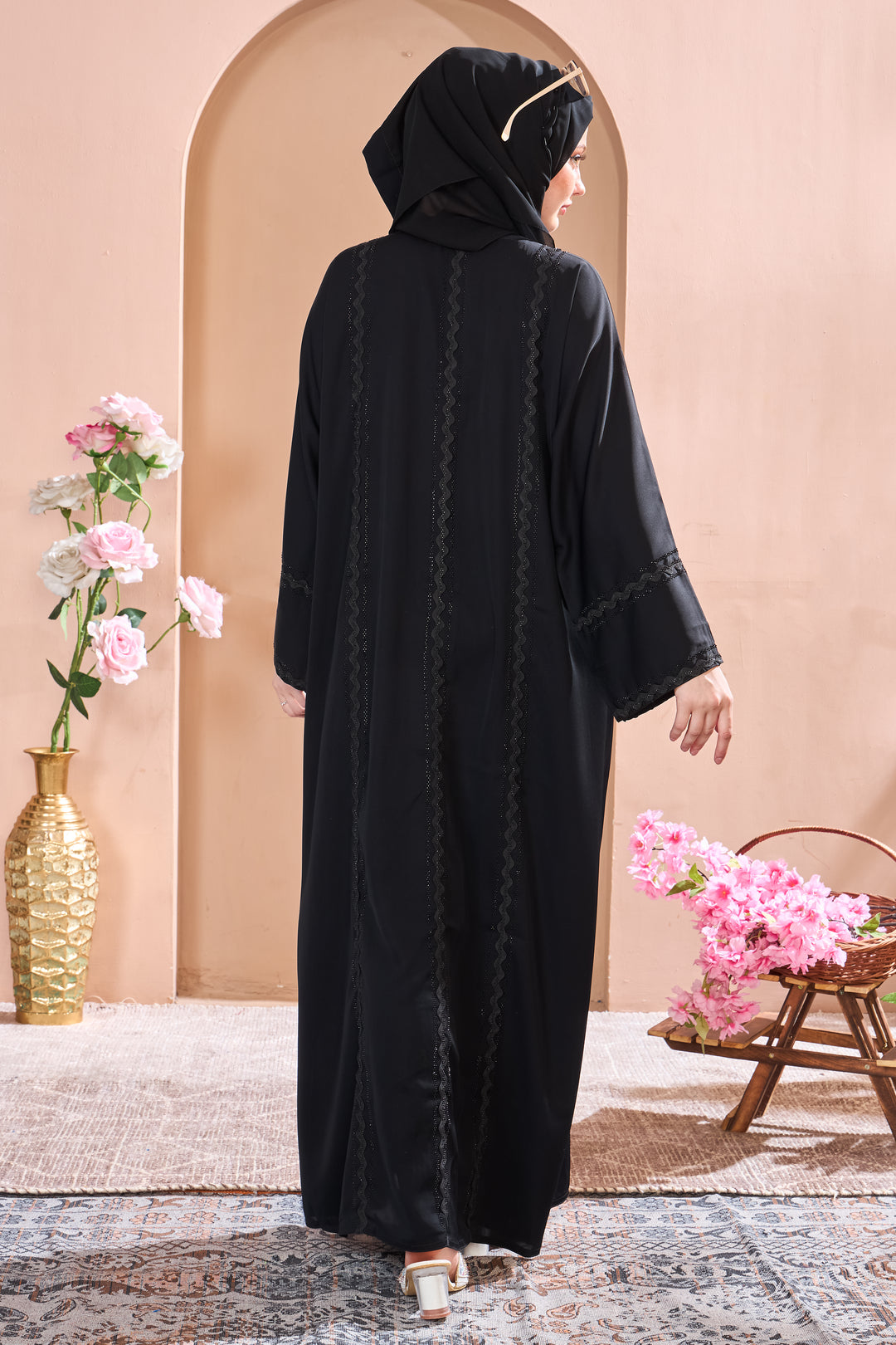 Classic Black Abaya with Delicate Lace Trim