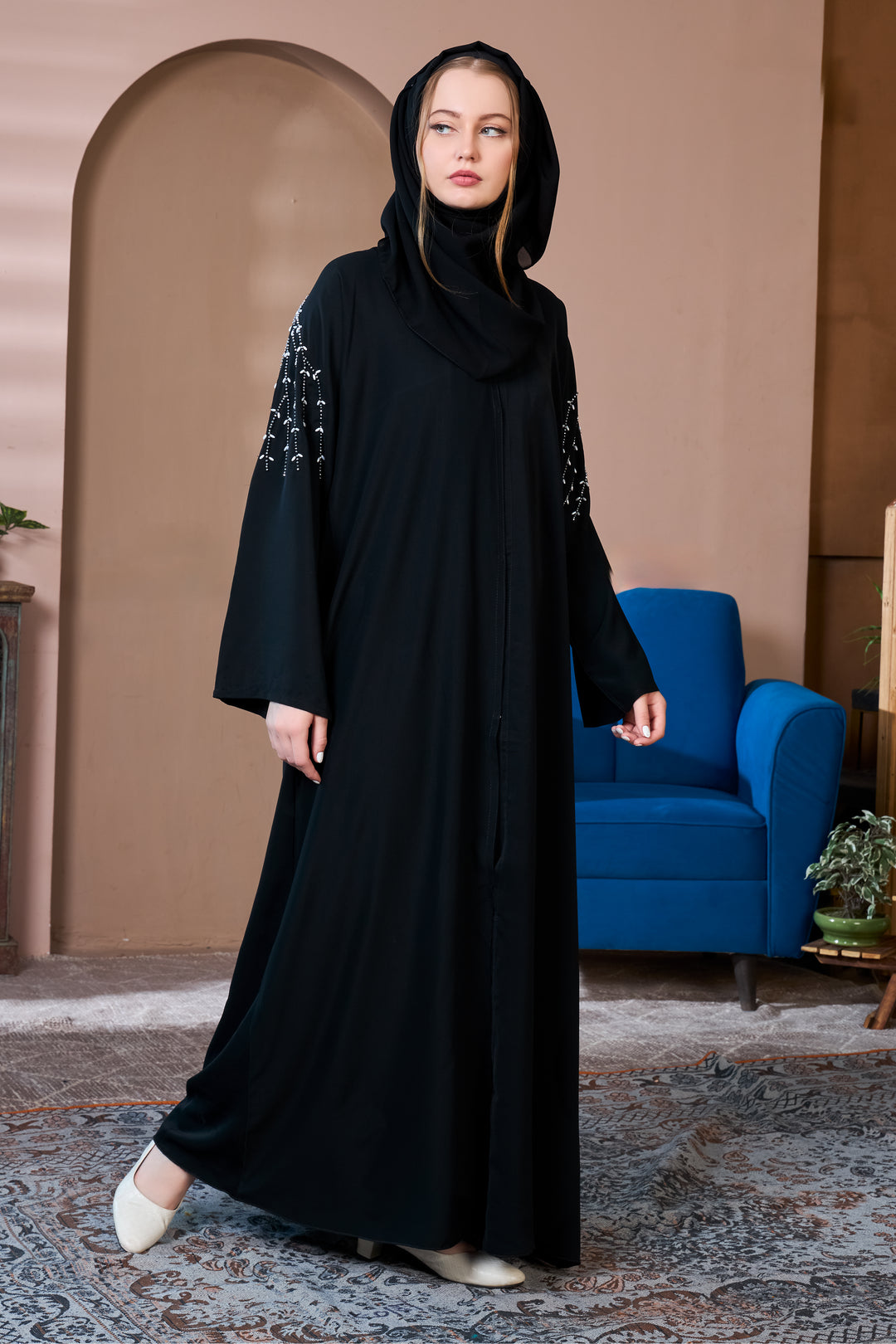 Black Abaya with Modern Beaded Design