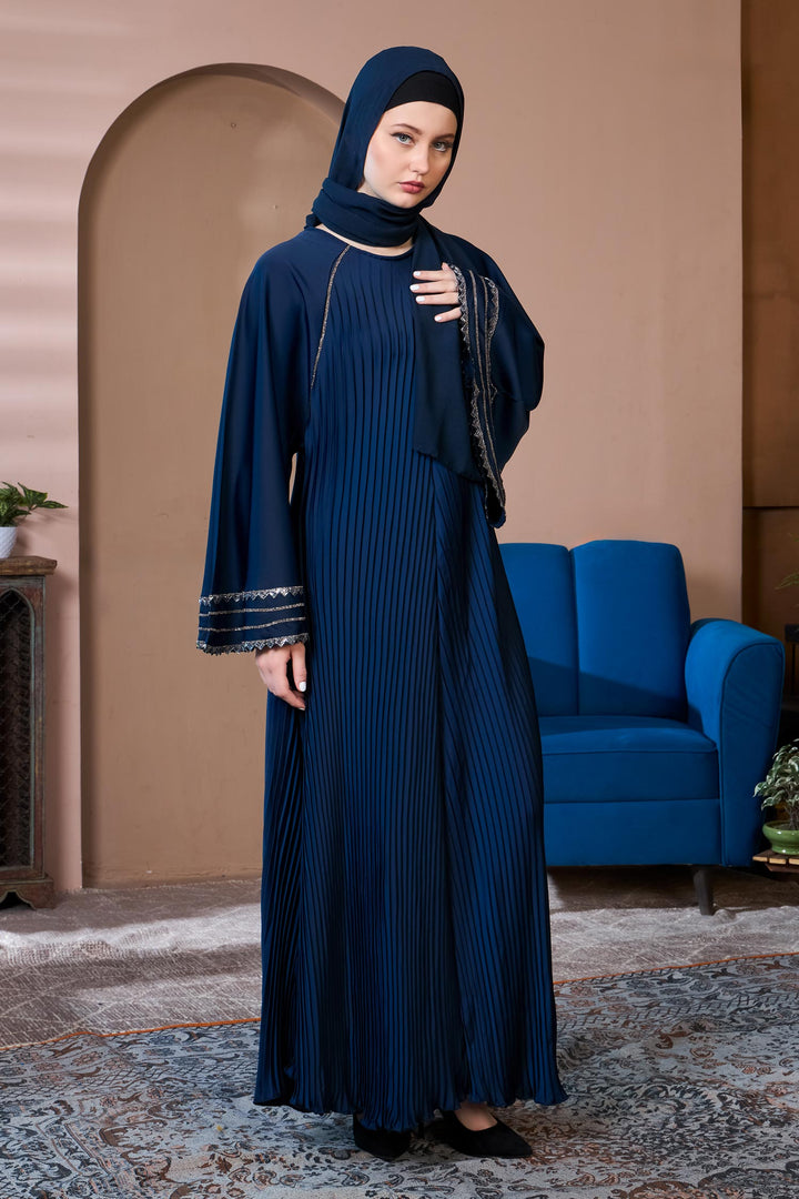 Pleated Elegance Umbrella Abaya – Navy Blue