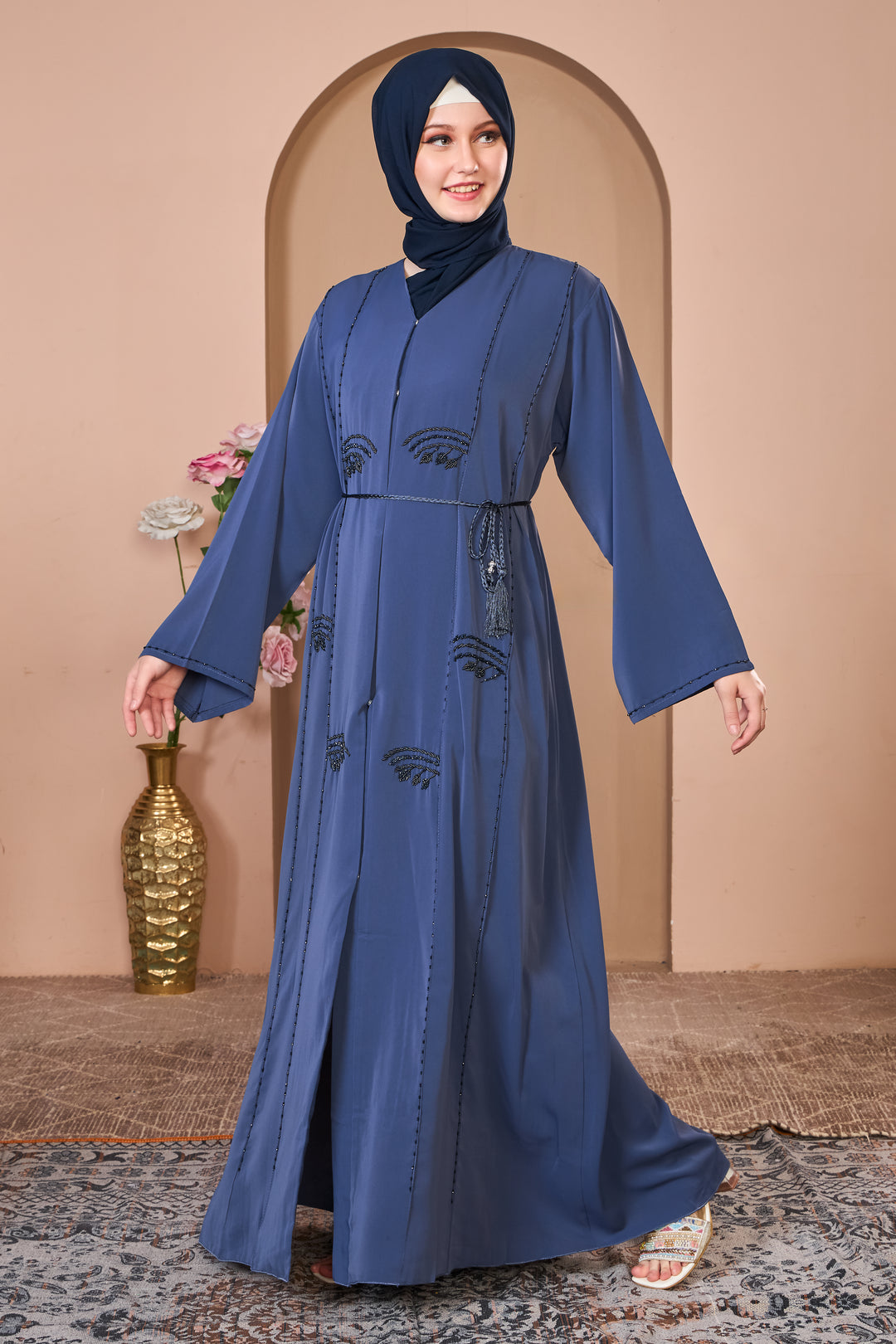 Slate Blue Abaya with Delicate Beadwork