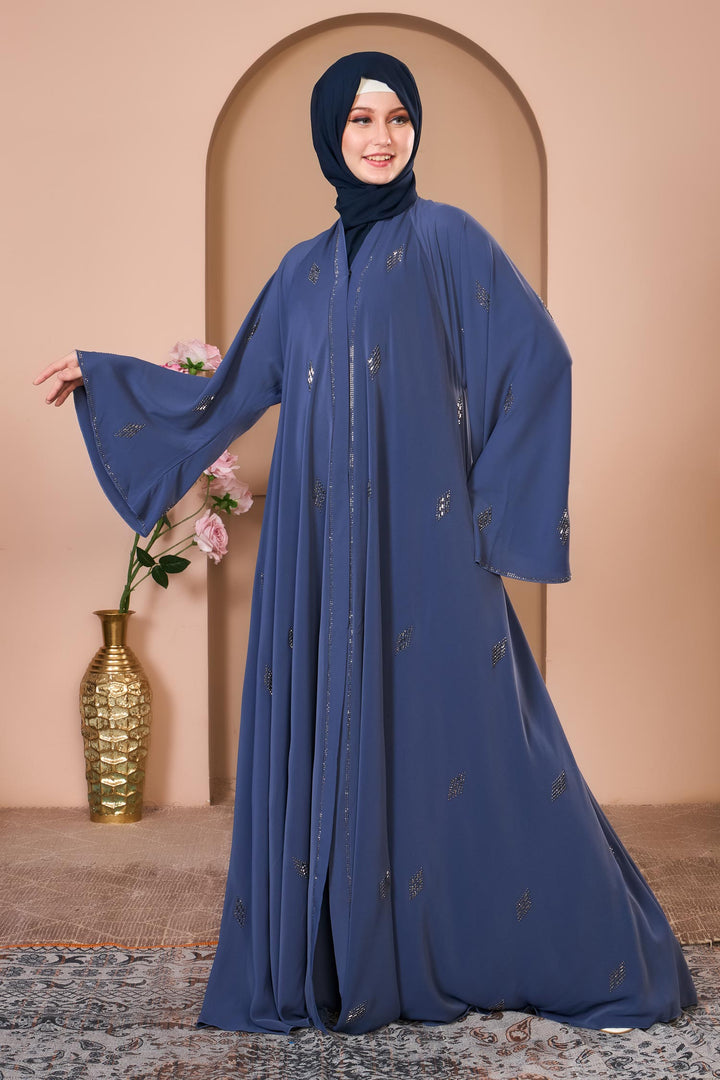 Navy Blue Embellished Abaya with Flared Sleeves