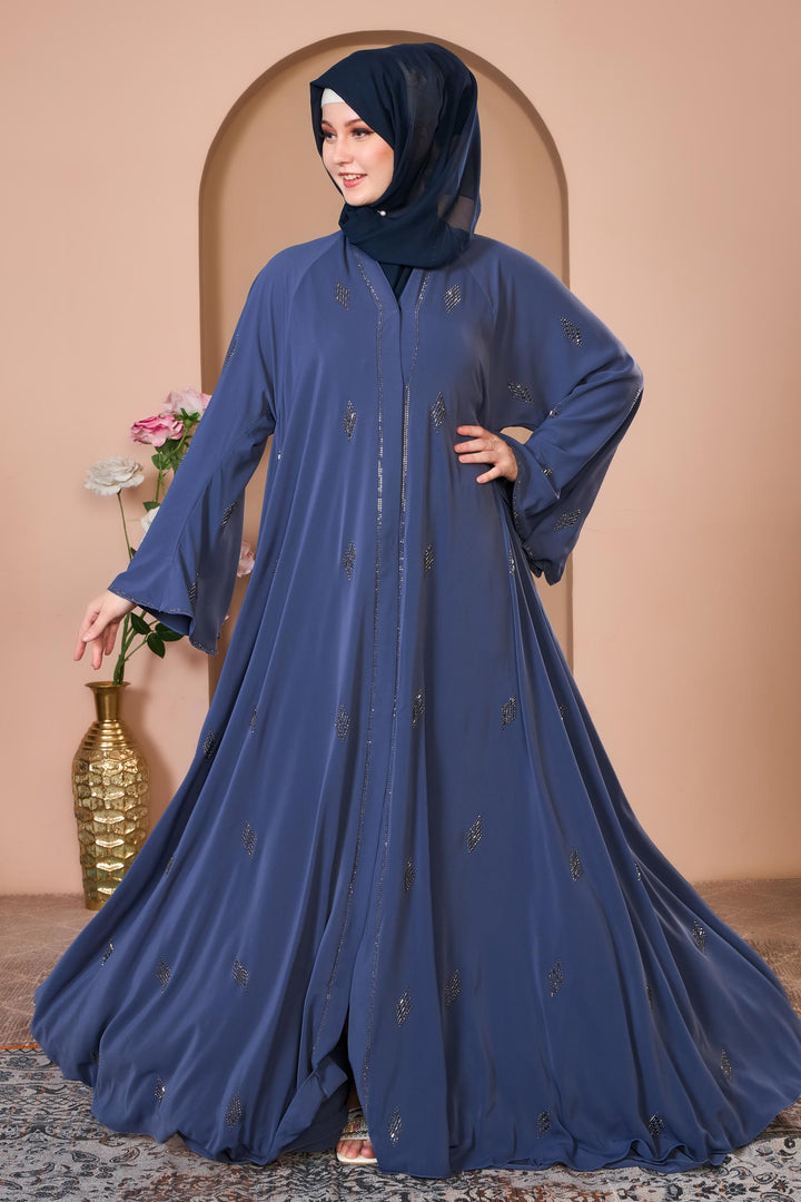 Navy Blue Embellished Abaya with Flared Sleeves