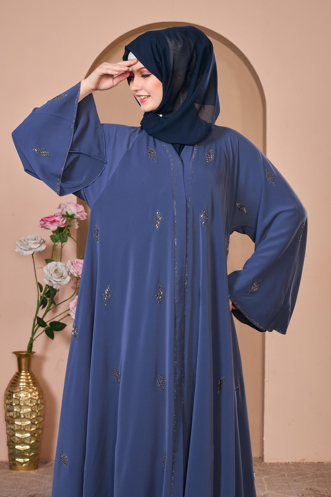 Navy Blue Embellished Abaya with Flared Sleeves