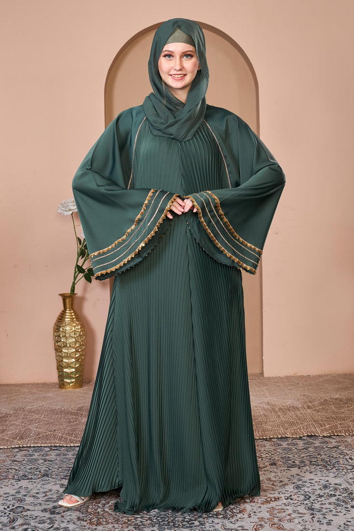 Emerald Green Pleated Umbrella Abaya with Golden Detailing