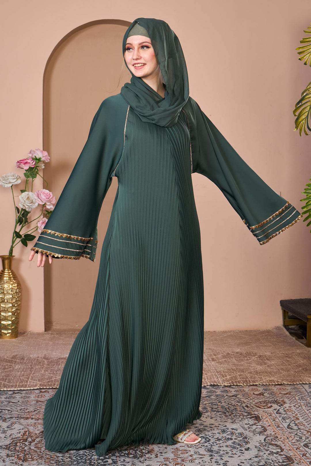 Emerald Green Pleated Umbrella Abaya with Golden Detailing
