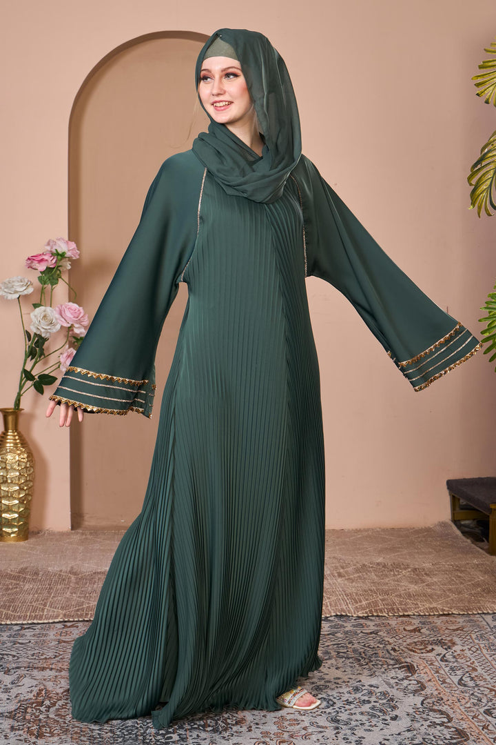 Emerald Green Pleated Umbrella Abaya with Golden Detailing