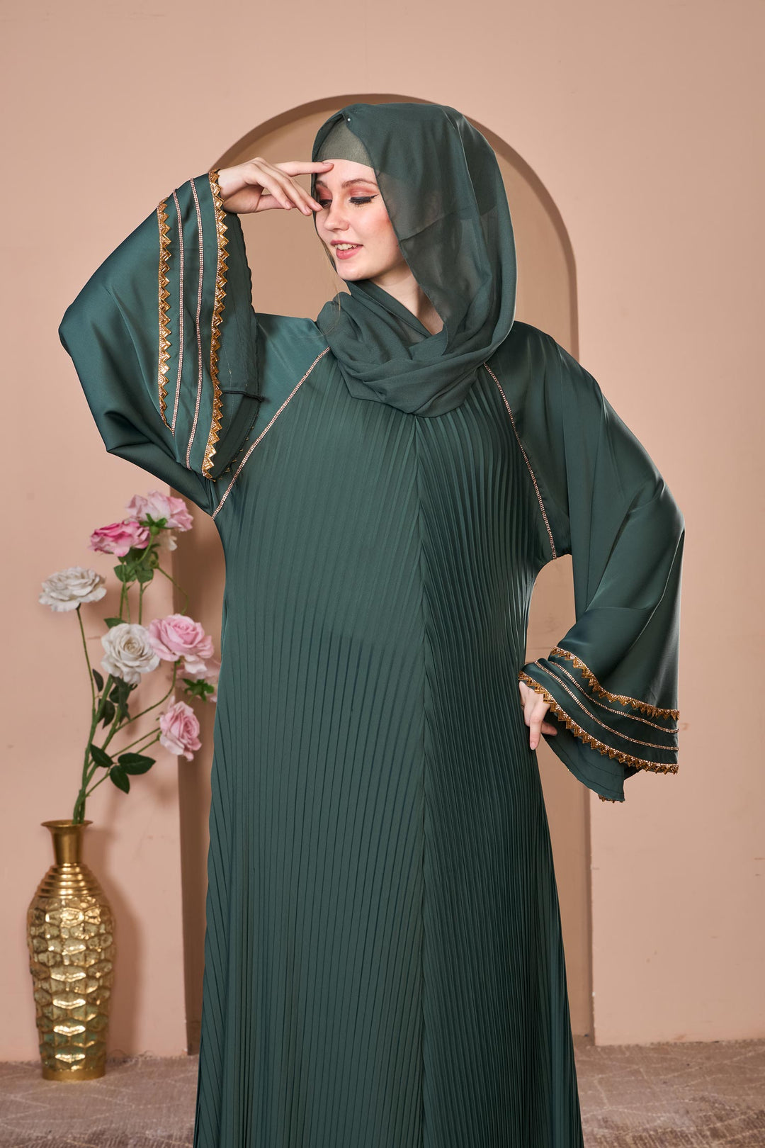 Emerald Green Pleated Umbrella Abaya with Golden Detailing