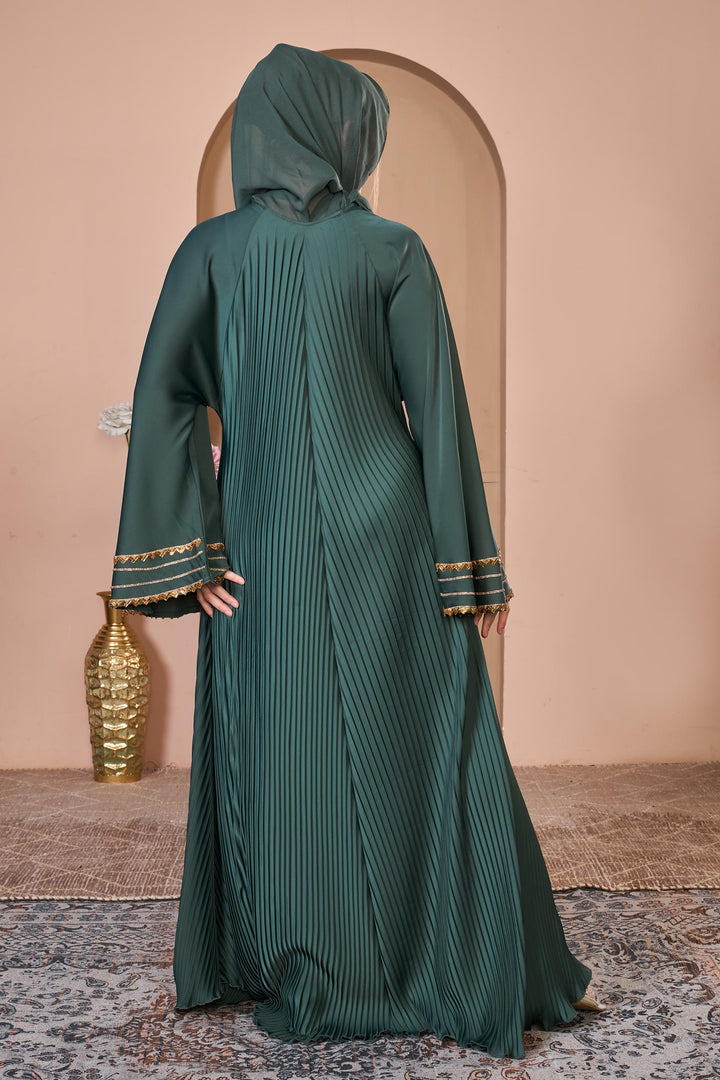 Emerald Green Pleated Umbrella Abaya with Golden Detailing