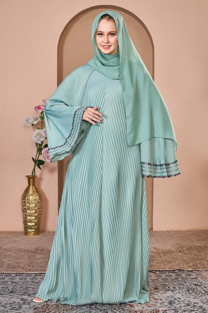 Mint Green Pleated Umbrella Abaya with Embroidered Sleeves