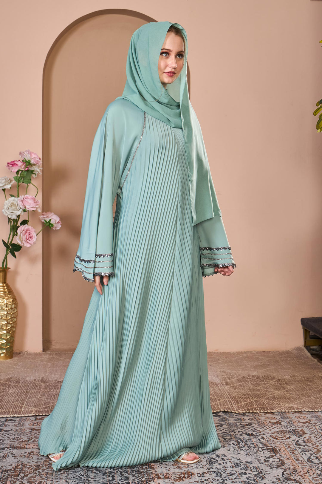 Mint Green Pleated Umbrella Abaya with Embroidered Sleeves