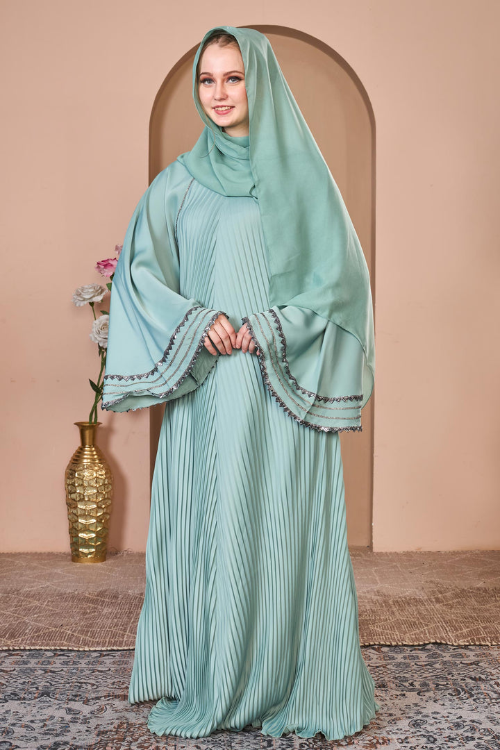 Mint Green Pleated Umbrella Abaya with Embroidered Sleeves