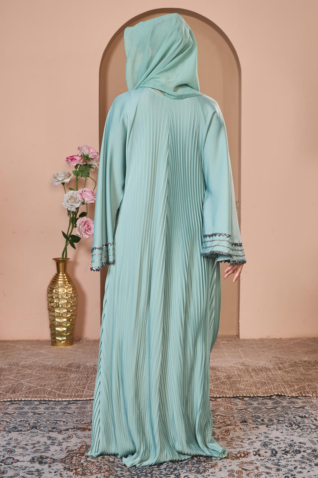 Mint Green Pleated Umbrella Abaya with Embroidered Sleeves