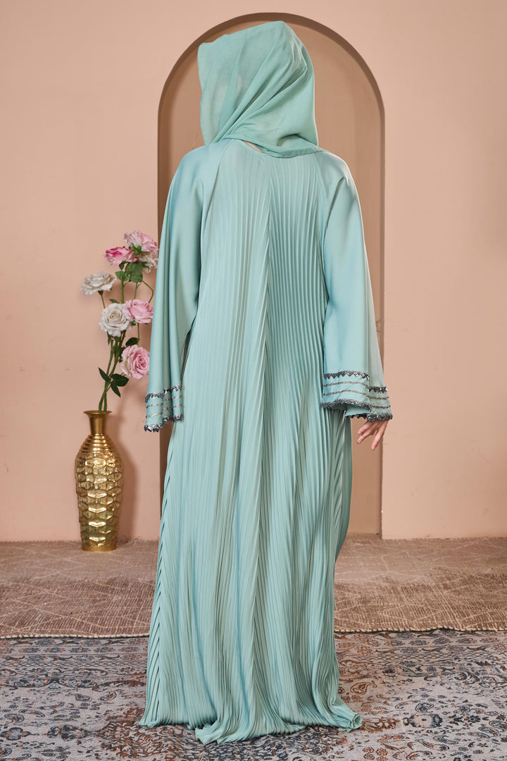 Mint Green Pleated Umbrella Abaya with Embroidered Sleeves