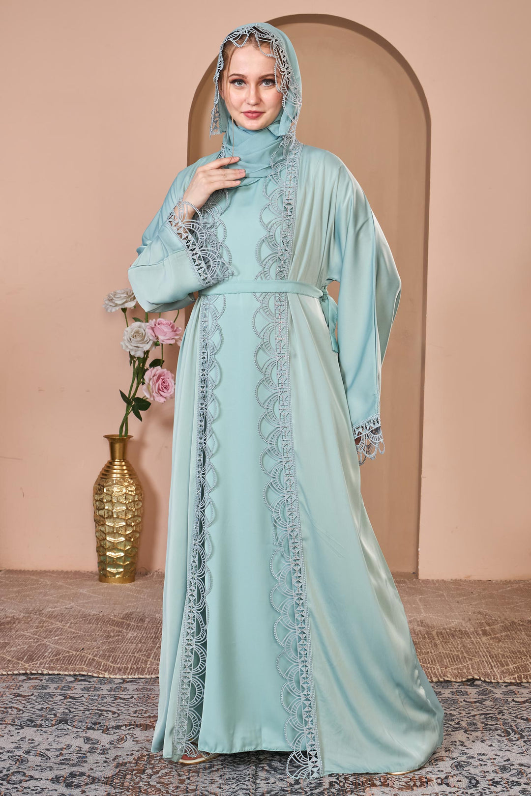 Mint Lace Elegance Abaya