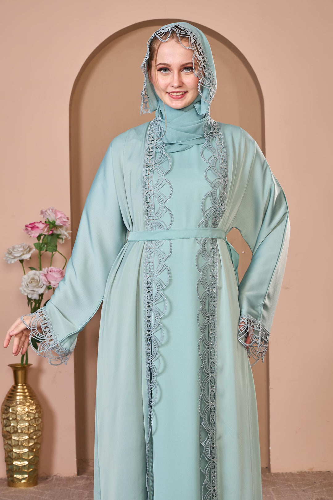 Mint Lace Elegance Abaya