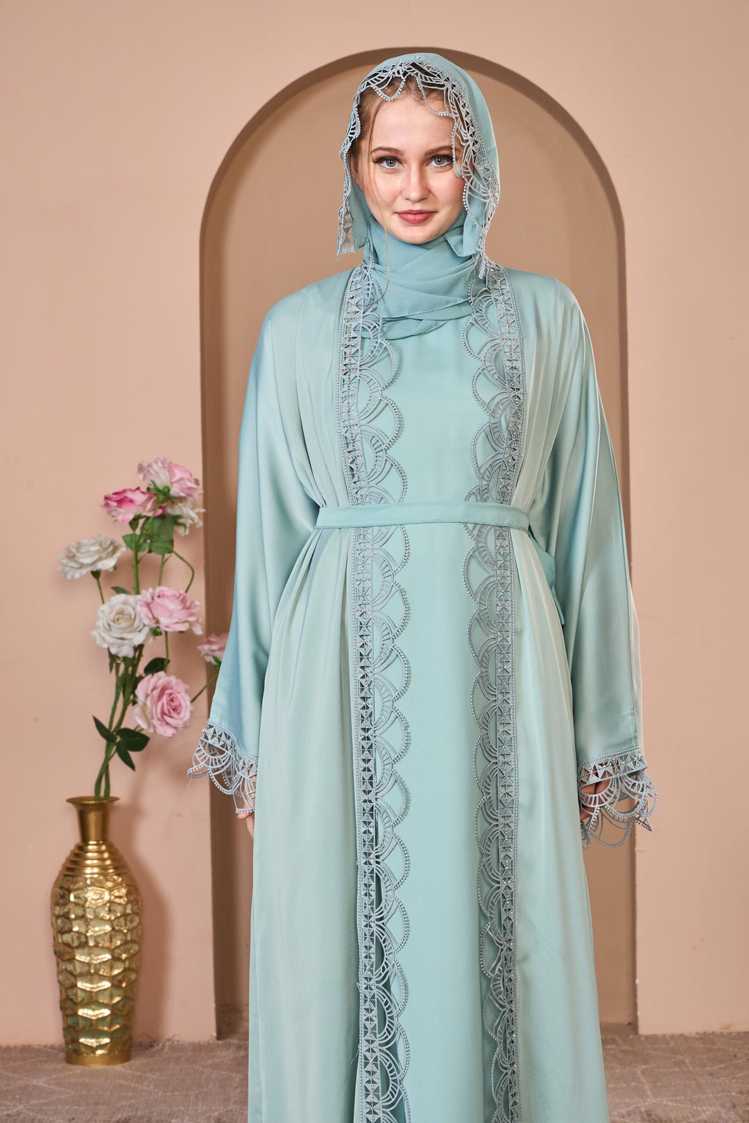 Mint Lace Elegance Abaya
