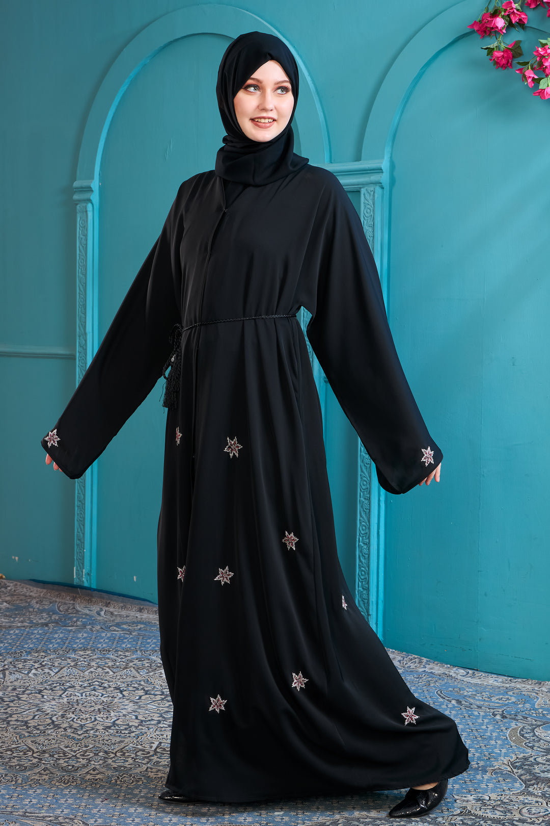 Classic Black Abaya with Starburst Embroidery