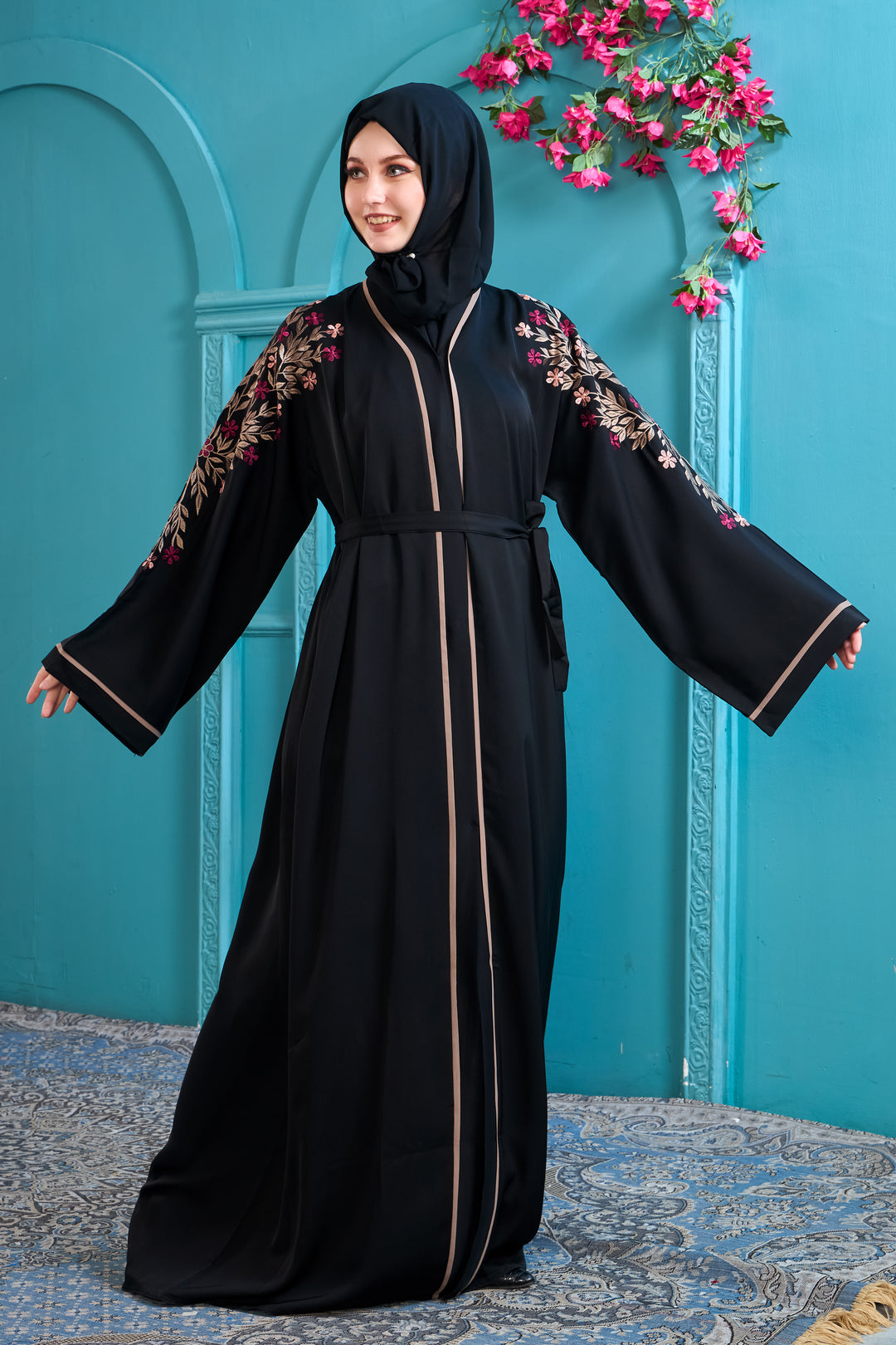 Black Abaya with Intricate Floral Embroidery